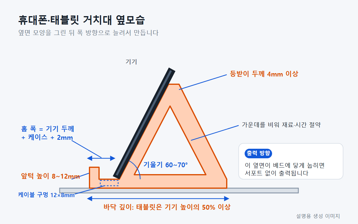 3D 프린터로 휴대폰·태블릿 거치대 만들기: 기울기와 홈 폭 설계