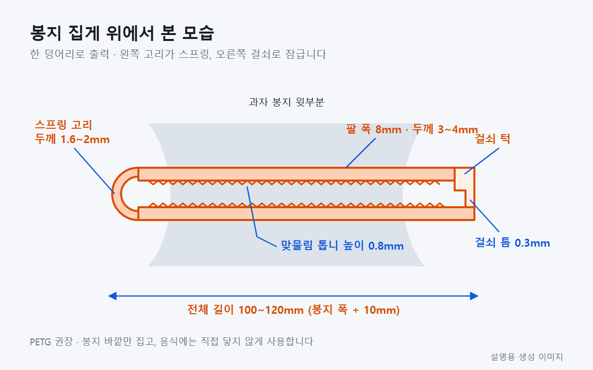 3D 프린터로 봉지 집게 만들기: 스프링 고리와 걸쇠 설계