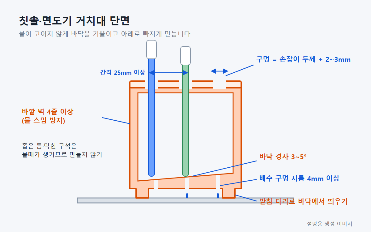 3D 프린터로 칫솔 거치대 만들기: 물이 고이지 않는 배수 설계