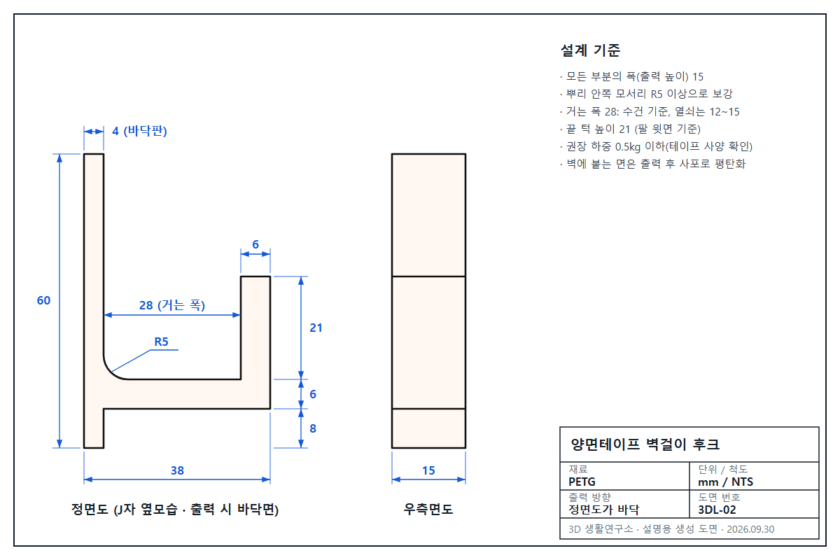 벽걸이 후크 도면: 정면도, 측면도와 주요 치수